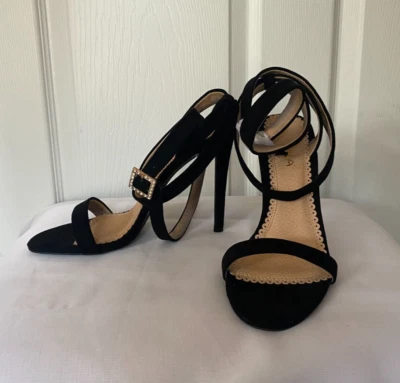 LILIANA Black suede Leather GOLD Rhinestone Strap Stiletto Heels Pump Shoes *8M* - Image 1 of 4