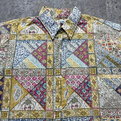 Camisa Aloha Hawaiana Reyn Spooner De Colección Hombres XL Amarilla Roja Tribal Geométrica Foto 1 de 4