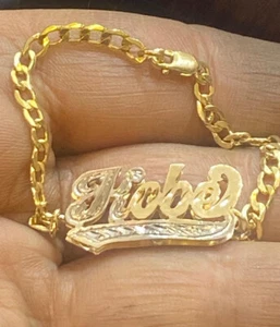 Bracciale bambino personalizzato vero oro 14 carati id 3D doppio nome /5 1/2 pollici - Foto 1 di 3