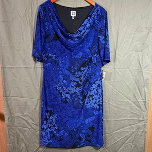 Anne Klein Dress Sz 14 Midi Blue Black Floral Paisley Lined Formal Business - Picture 1 of 7