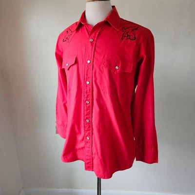 Vintage 80s Saddle King Western Shirt Embroidered Horses Red Pearl Snap Rodeo L - Image 1 of 4