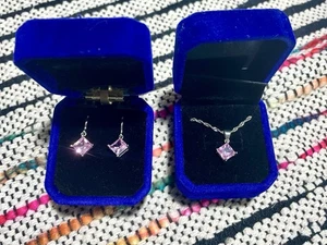 925 Sterling Silver Faceted Princess Cut Glass Necklace Earrings Matching Set - Picture 1 of 12
