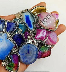 Multi Slice Agate Gemstone 925 Sterling Silver Plated Design Pendant Lot Jewelry - Picture 1 of 7