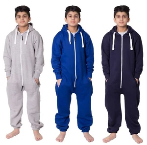 Kids Boys Girls Plain Hooded 1Onesie All in one Jumpsuit Playsuit Sizes 7-13 YRS - Picture 1 of 30