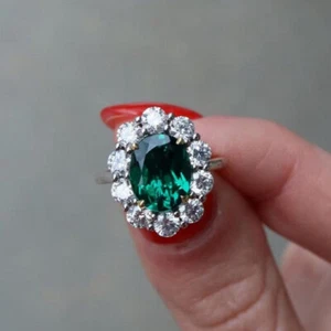 3.50Ct Oval Cut Green Emerald Halo Women's Engagement Ring 14K White Gold Finish - Picture 1 of 8