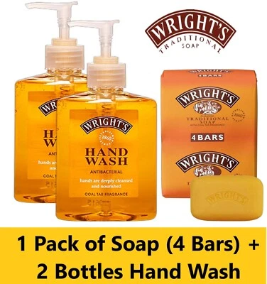 Wrights Coal Tar Soap Antiseptic 1 Pack of 4 Traditional Fragrance + 2 Hand Wash