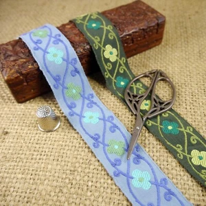 Blue Green Flower Cotton Jacquard Ribbon Trim M78 - Picture 1 of 6