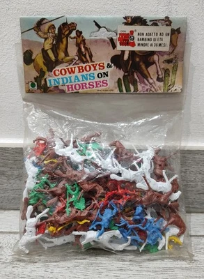 BUSTA SOLDATINI COWBOY INDIANI A CAVALLO PLASTICA VINTAGE ANNI 70/80 HK RI TOYS - Immagine 1 di 3