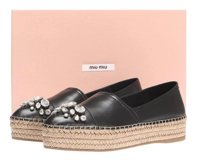 NEW MIU MIU BY PRADA BLACK CRYSTALS TOE ESPADRILLES WEDGE SHOES 41/US 11 - Image 1 of 4