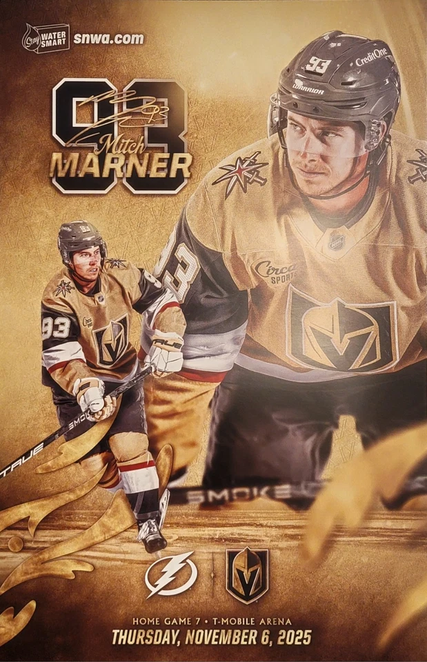 Плакат Golden Knights Mitch Marner VS Tampa Bay Lightning 11-6-2025. - Изображение 1 из 1
