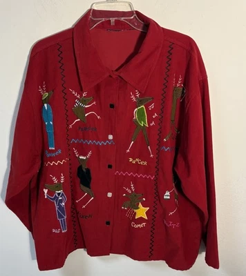 Camisa grande vintage de pana bordada de reno de Papá Noel estilo de vida para mujer Foto 1 de 4