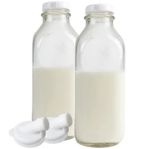 The Dairy Shoppe Heavy Glass Milk Bottles - Jugs with Extra Lids and a Silico... - Picture 1 of 7