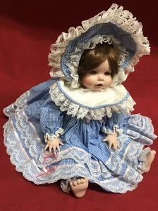 Vincent DeFilippo 11/2000 Porcelain Doll Blue w/ Lace & Pink Silk Ribbon Dress - Picture 1 of 7