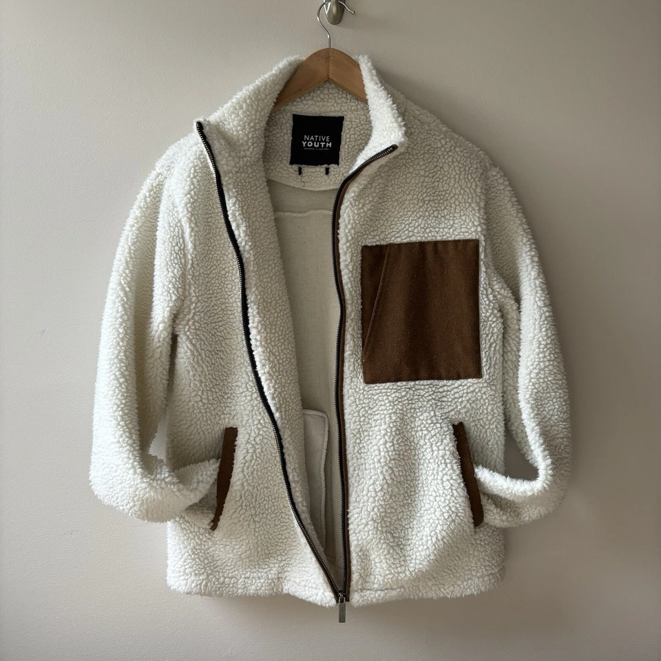 Urban Outfitters Zip-Up Sherpa Jacket M Cream Teddy Fleece Unisex Native Youth - Image 1 of 4