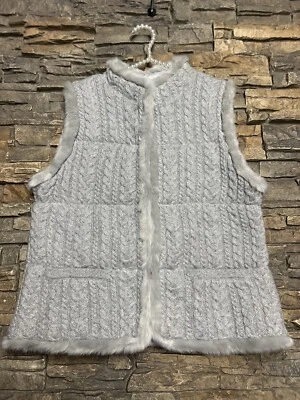 Jaqueta Talbots tamanho G acabamento de pele sintética suéter colete cinza cintilante malha de cabo nova com etiquetas - Imagem 1 de 4