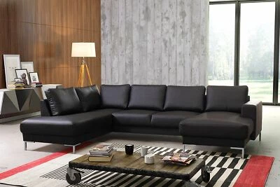 TOP Sofa Couch Ecksofa Eckcouch Wohnlandschaft in Kunstleder schwarz- SILVIO XXL - Bild 1 von 4