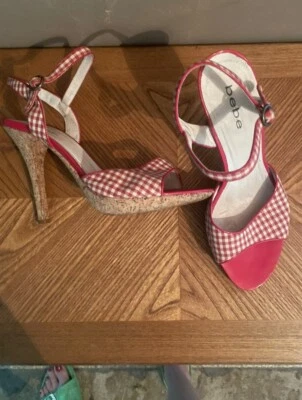 Sandalias Bebe rojas y blancas con plataforma de corcho de guinga con tiras talla 9 Foto 1 de 4