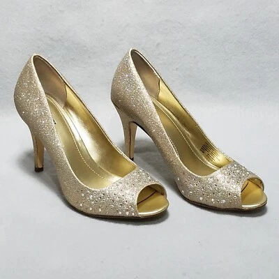 Zapatos de tacón de noche Style & Co Peep Toe Monaee pedrería dorada para mujer talla 5,5 M Foto 1 de 4