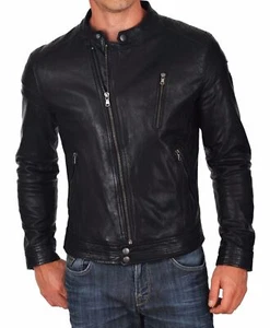 Mens Black Real Leather Motorcycle Biker Jacket Lambskin Alpha Male Punk Jacket - Picture 1 of 4