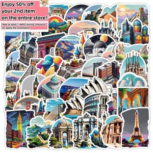 50pc Waterproof Stickers Iconic Landmarks Travel Trip Vacation Luggage Phone Car - Picture 1 of 9