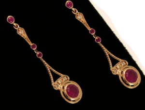 E134 Exquisite Genuine 9ct SOLID Rose Gold NATURAL Ruby & Diamond Drop Earrings - Picture 1 of 1