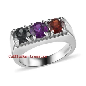 Natural Garnet Amethyst & Smoky Quartz Stone 925 sterling Silver Ring  For Men # - Picture 1 of 6
