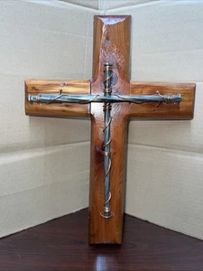 Cedar Wood Cross Crusifix With Twisted Silver Nails Wraped In Cooper 13.5 Inch - Picture 1 of 7