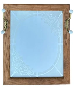Vintage Oak Frame Rectangular Mirror Etched Rose Brass Hooks Entryway Coat Rack - Picture 1 of 14