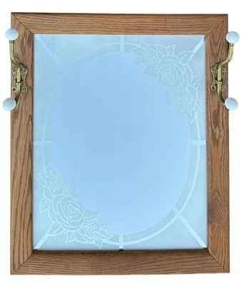 Vintage Oak Frame Rectangular Mirror Etched Rose Brass Hooks Entryway Coat Rack - Image 1 of 4