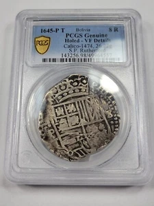 1645 VOLLES DATUM Cob 8 Reales PCGS sehr schön Potosi Bolivien gelocht Rasseln im Halter J454 - Bild 1 von 4
