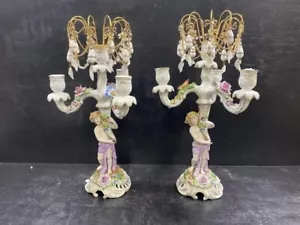 Pair Of Dresden Von Schierholz Porcelain Cherub Candelabra 15" - Picture 1 of 6