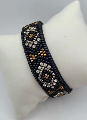 Deepa Gurnani Seed Bead Bracelet Tribal Crystals Black Silver Gold Adjustable - Image 1 of 4