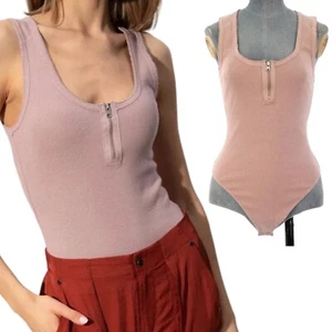 All Saints Bodysuit Pink Top Tank Ribbed Alicia Dusky Front Zip Size UK 8 EU 36 - Picture 1 of 17