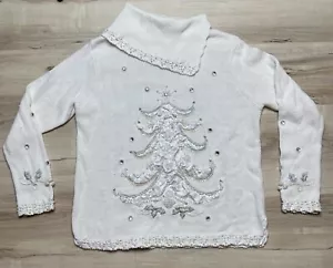 Vintage Maurice Sasson Kikit Cream Ugly Christmas Sweater Size L Beads Tree - Picture 1 of 14