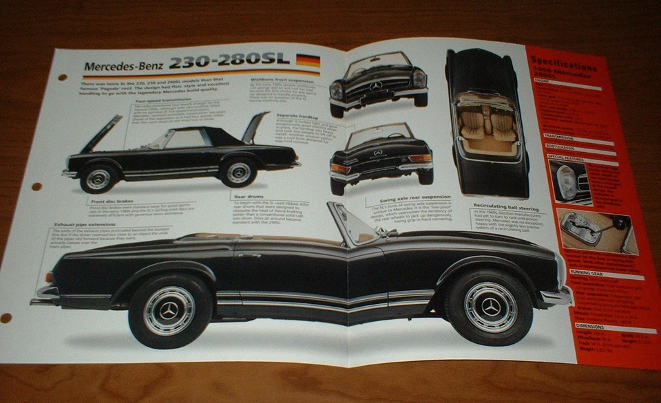 Mercedes 280SL 1968 hoja de especificaciones folleto impresión póster foto 68 280 SL 230 63-71 Foto 1 de 1