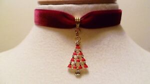 Red Velvet Christmas Tree Choker Pagan Rhinestone Pendant Christmas Necklace