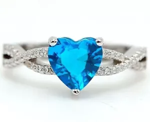 Heart 2CT Blue Topaz & Topaz 925 Solid Sterling Silver Ring Jewelry Sz 7, UB4-5 - Picture 1 of 3