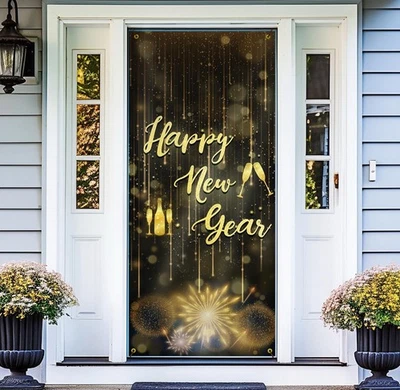 Happy New Year Door Cover Decorations Black and Gold New Year Suppies Door Cover - Image 1 of 4