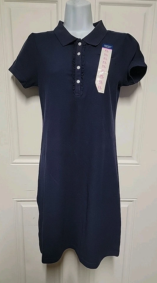 NWT French Toast Girls' Short Sleeve Ruffle Polo Shirt Dress Navy Blue XL-14/16  - Image 1 of 4