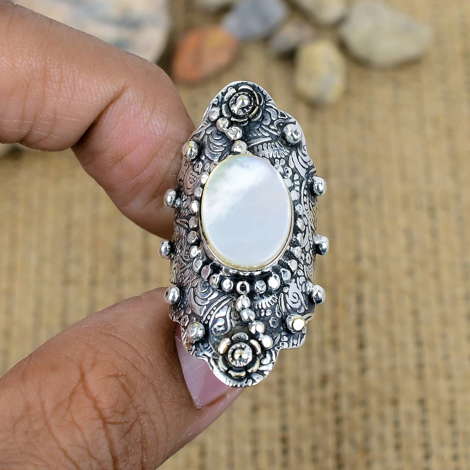 Mother Of Pearl Gemstone Ring 925 Sterling Silver Handmade Jewelry Wadding Gift - Image 1 of 4