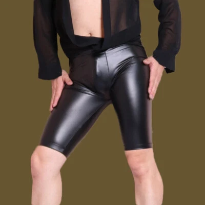 Men Shiny Faux Latex Legging Shorts Stretchy Half Pants Fitted Skinny Party Bar - Image 1 of 4