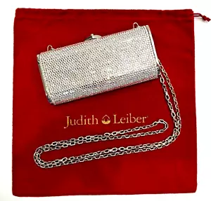 JUDITH LEIBER Swarovski WHITE Crystal MINAUDIERE Clutch SILVER CROSSBODY Chain - Picture 1 of 10