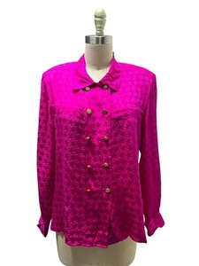VTG 80’s The Silk Farm 100% Fuchsia Silk Blouse W/ Stars Gold Buttons SZ 10 - Picture 1 of 11