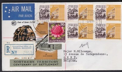 1969 55c Total 5c Northen Territory Block FDC 30c Waratah Uprated to Belgium - Image 1 of 3
