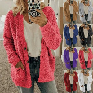 Women Warm Teddy Bear Fluffy Coat Ladies Fleece Zip Jacket Outwear Plus Size - Picture 1 of 17