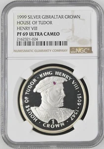 1999 Gibraltar House of Tudor Henry VIII 1 Crown Silver Proof Coin NGC PF 69 UC - Picture 1 of 6