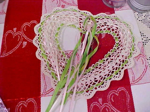 Heart Shape Hand Crocheted Wall Hanging White with Satin Ribbons Pink Green Cover