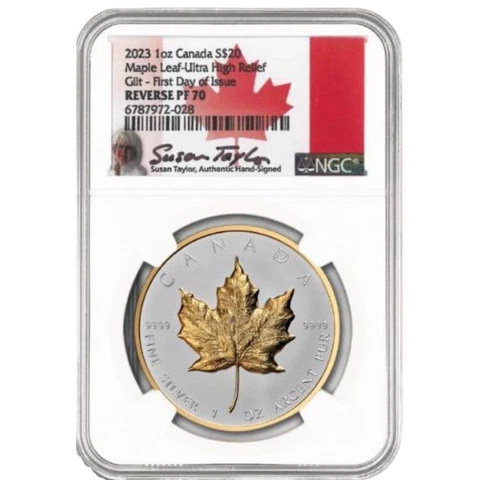 2023 $20 Canada Silver Maple Leaf Ultra High Relief Gilt NGC Reverse PF70 FDOI Cover