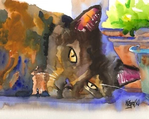 Hochauflösender Schildkröte Katze Druck Original Fine Art Aquarell von Ron Krajewski - Bild 1 von 4
