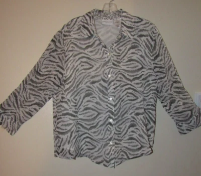 Top Alfred Dunner Talla 10 Blanco Gris Cebra Rayas Abotonado Arrugado Manga 3/4 M Foto 1 de 4